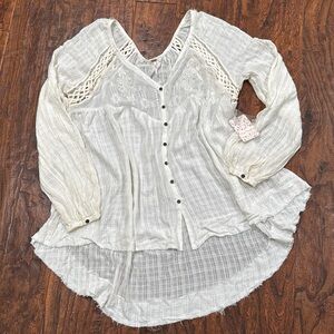 FREE PEOPLE STUNNING IVORY HIGH LOW EMBROIDERED BLOUSE SZ L NWT